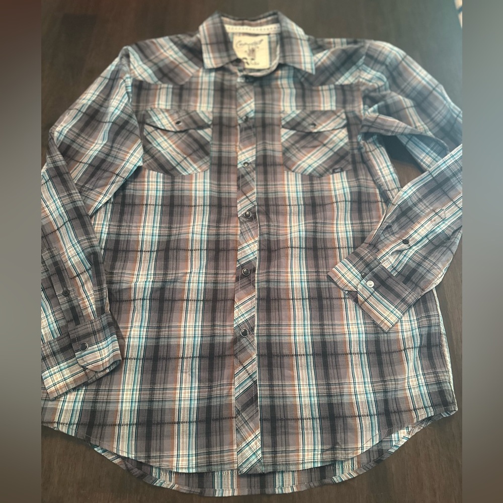 Coastal Men Button Up Shirt L   Plaid Western Pearl Snap Long Sleeve Collar